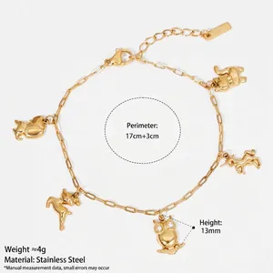 Gold stainless steel bracelet with cute owl and cat charms, length 17+3cm extension.