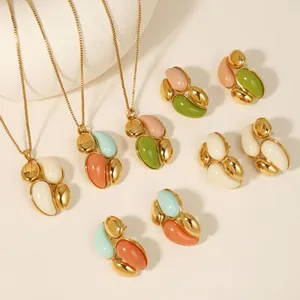 Edelstahl Dopamin Spleißung Harz Halskette Ohrringe Schmuckset Geometrischer Kieselstein Anhänger Für Damen Mode Accessoires