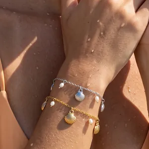 Ocean Style 304 Stainless Steel Shell Pendant Bracelet With Artificial Pearl PVD Gold Plated Fashion Jewelry For Women