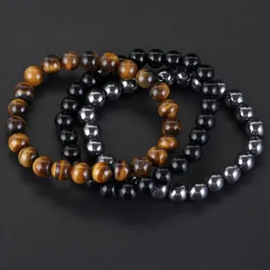 Braccialetto in Perle di Pietra Naturale Onice Nero Occhio di Tigre Ematite Ametista Set Bracciale Elastico per Uomo Donna Gioielli Fatti a Mano