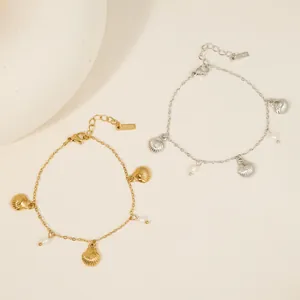 Elegant ocean style stainless steel charm bracelet with shell and pearl pendants for women