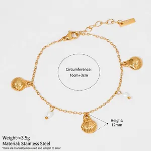 Gold stainless steel ocean bracelet with shell charms and pearls, 16cm+3cm length.