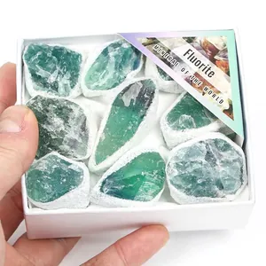 Boxed raw natural green fluorite mineral crystals for collectors and home decor