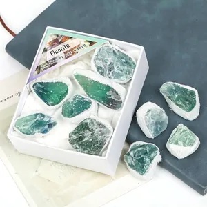 Natural green fluorite raw mineral stones in white gift box
