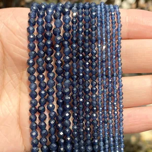 Close-up of 2mm, 3mm, and 4mm faceted blue natural stone beads for DIY jewelry