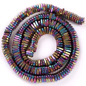 Macro view of rainbow electroplated square hematite spacer beads for DIY jewelry