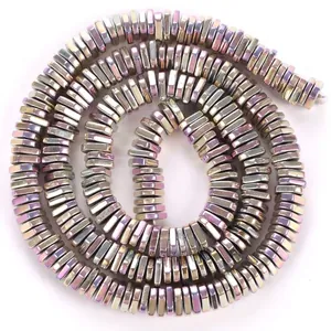 Macro view of iridescent electroplated hematite rectangle spacer beads for DIY jewelry
