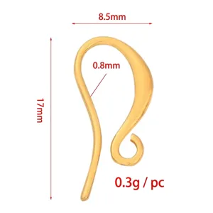 Dimensions détaillées du crochet d'oreille plaqué or 18k pour la création bijoux