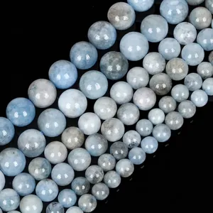 Natural light blue aquamarine angel stone round loose beads for DIY jewelry making.