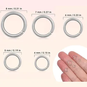 Detailed size comparison of silver open jump rings in four to eight millimeter diameters