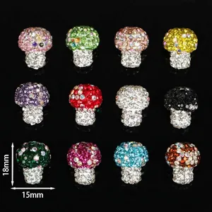 Nahaufnahme von 15x18mm Strass-Pilzperlen in verschiedenen Farben mit Maßangaben