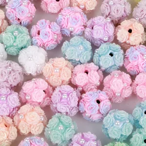 Polymer Clay Rose Flower Ball Beads With Artificial Pearl Vertical Hole DIY Phone Chain Keychain Accessories