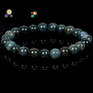 Natural moss agate bead bracelet for men and women on black reflective background