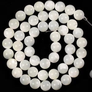 Macro view of natural white Trochus shell round beads with smooth polished finish.