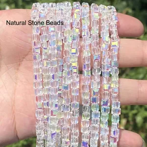 Close-up of iridescent AB coated faceted square glass beads for DIY jewelry making