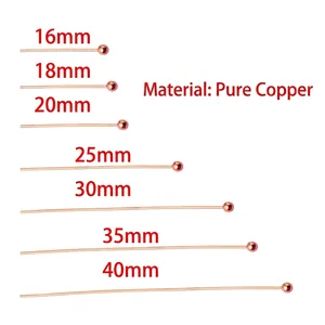 Detailed view showing various lengths of rose gold copper ball head pins for DIY jewelry.