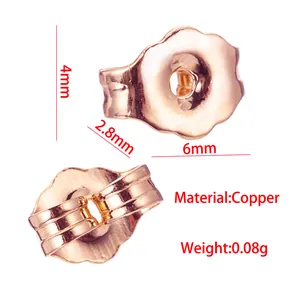 Close-up detail of rose gold copper butterfly earring backs with size dimensions and weight