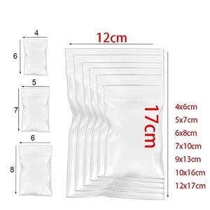 Detail of transparent PE zip-lock bags showing multiple sizes with dimension markers