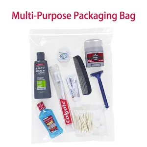 Detailed view of a clear PE resealable bag filled with various travel toiletries