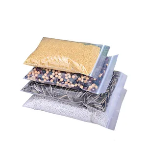Detailed view of stacked transparent PE ziplock bags containing grains and seeds