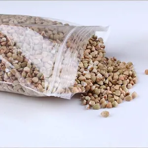 Close-up detail of clear PE zip-lock bag showing a thick seal and buckwheat grain storage
