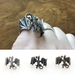 Retro Punk Wyvern Dragon Wings Open Ring Antique Copper Bronze Silver Black Gothic Jewelry Adjustable Finger Ring For Men Women