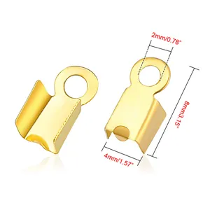 Detailed view of polished gold cord crimp ends with mm and inch measurements