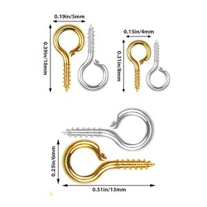 Close-up of gold and silver screw eye pins showing 5mm, 4mm, and 6mm dimensions