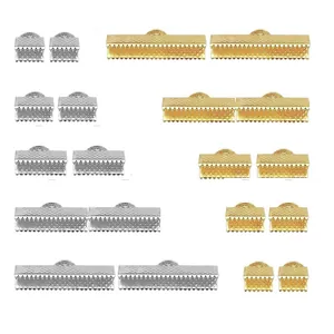 Detailed macro view of gold and silver metal ribbon crimp ends for DIY jewelry making
