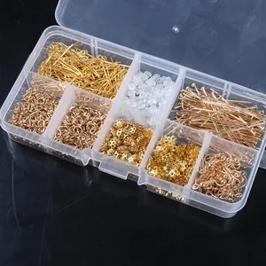 Detailed view of jewelry making kit with various earring findings in a clear storage box