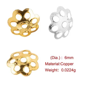 Detailed macro view of 6mm hollow flower bead caps with material and weight specifications.