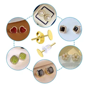 Close-up of 18K gold-plated flat head earring posts with various earring examples.