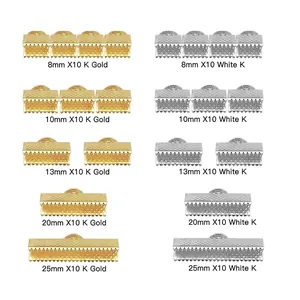 Selection of metal ribbon crimp ends in gold and silver, sizes 8mm to 25mm for DIY
