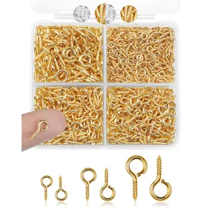 Assorted gold-tone metal screw eye pins for DIY jewelry making in clear storage box