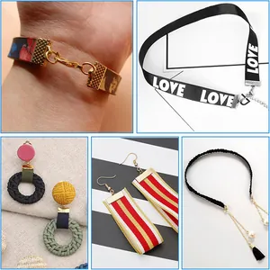 Close-up of various jewelry designs using metal ribbon end crimps and connectors