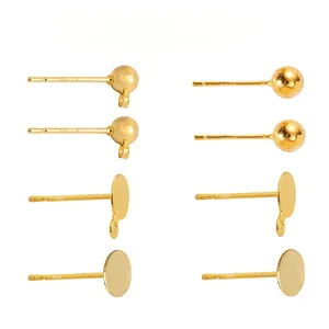 Copper DIY Earring Post Findings 18K Gold Plated Ball Head Flat Base Blanks With Loop For Pearl Earring Handmade Making