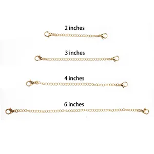 A set of four gold lobster clasp extension chains in 2, 3, 4, and 6 inch lengths.