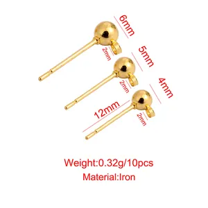 Detailed dimensions of golden ball stud earrings with hanging loop for DIY jewelry