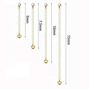 Four sizes of gold-colored heart extension chains with lobster clasps for DIY jewelry