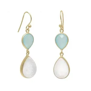 Close-up detail of handmade French hook teardrop earrings with aqua and white druzy stones
