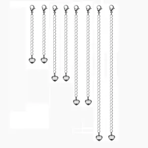 Silver jewelry extender chains with lobster clasps and heart charms in 4 lengths