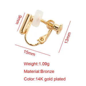 Detailed technical view of 14K gold plated bronze screw earring converter with specs.