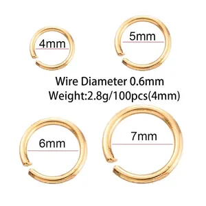 Detailed view of gold plated open jump rings in 4mm to 7mm sizes with 0.6mm wire