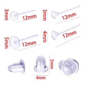 Detailed dimensions of transparent plastic earring posts and bullet backs set