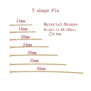 Seven sizes of gold-plated T-shape pins from 14mm to 40mm for jewelry making
