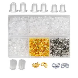 Assorted silicone and metal earring backs set with 6-compartment clear plastic organizer box