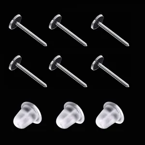 Clear plastic earring studs with flat pads and silicone ear nut backs for DIY jewelry