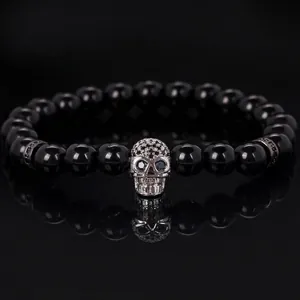 Natural Stone Round Beads Skull Bracelet For Men Women Micro-pave Rhinestone Gothic Punk Elastic Hand Chain Jewelry Gift