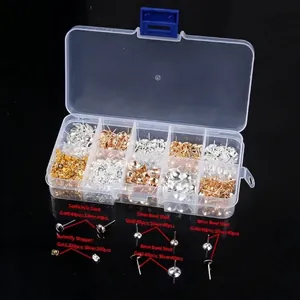 Detail view of DIY earring making kit with gold and silver studs in organizer box
