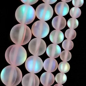 Macro detail showing the texture of natural frosted pink glitter stone round beads